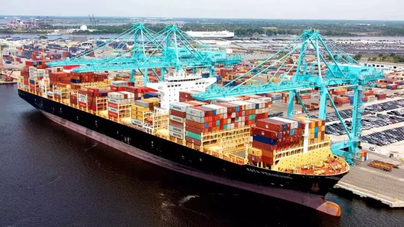 Descarga de contenedores gestionada por un freight forwarder en un puerto marítimo internacional.