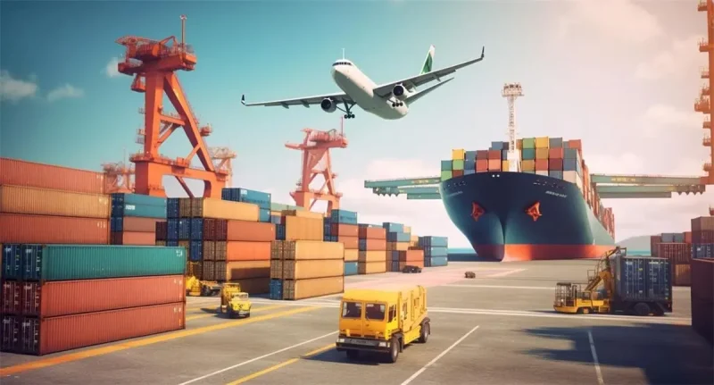 Freight forwarder gestionando carga internacional por aire, mar y tierra en una terminal de contenedores.